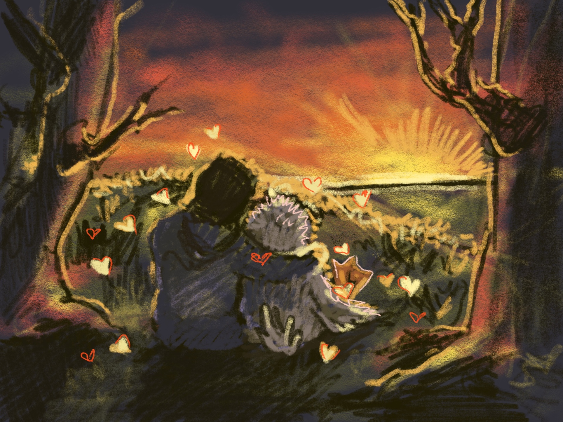 Isaac and a goose sitting together on a hilltop, watching a sunset with hearts floating around them