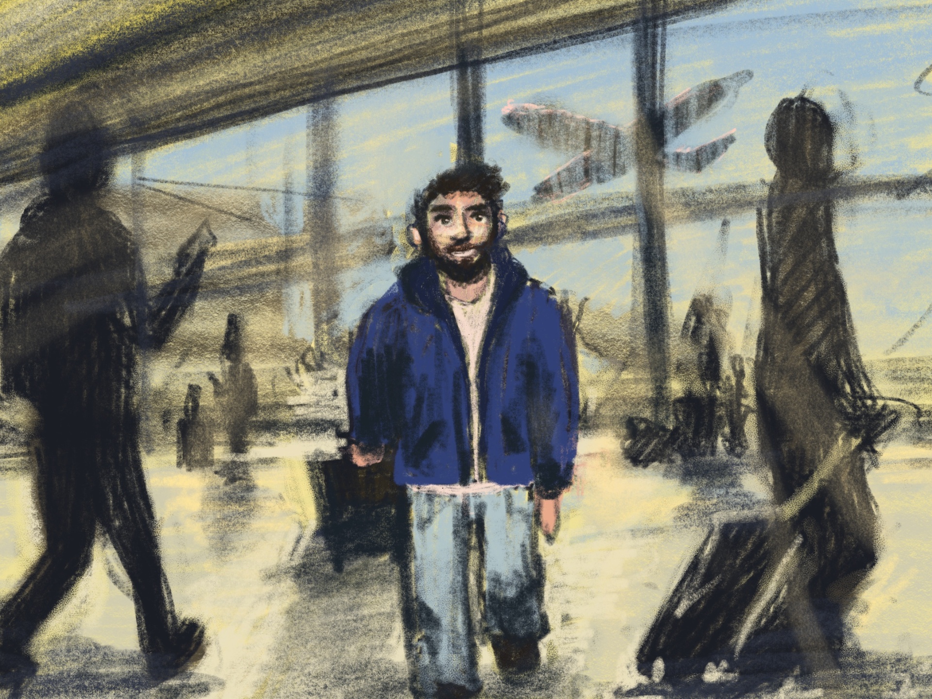 Isaac walking through an airport terminal, travelers blurring past on either side