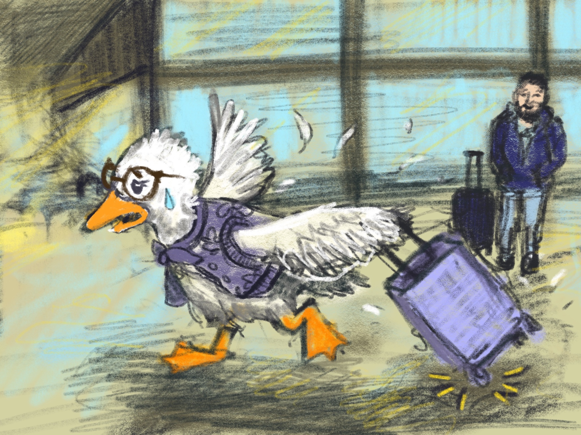 A goose with glasses sprinting through an airport, suitcase bouncing behind her, while Isaac strolls calmly in the background