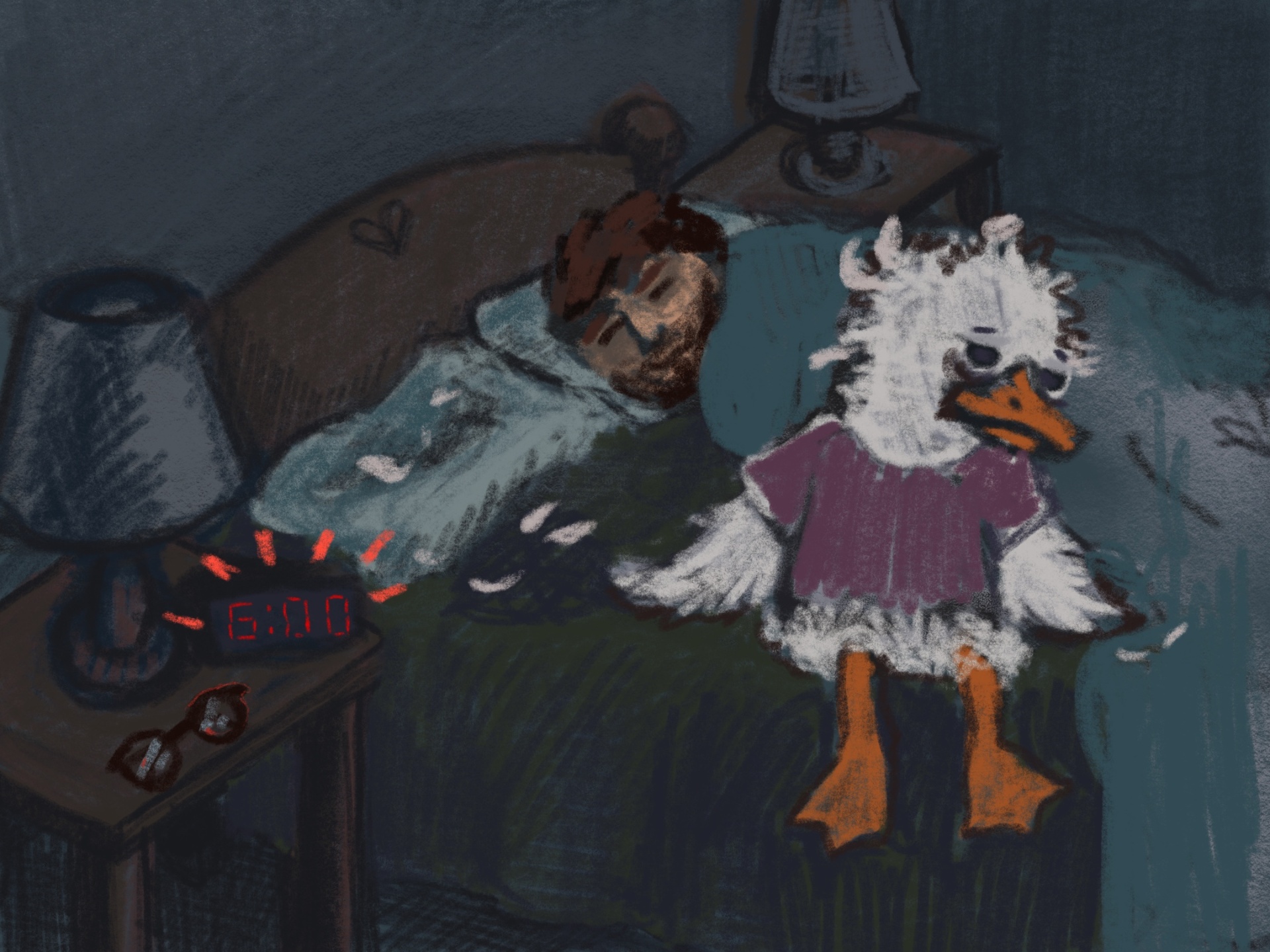 A grumpy goose sitting on the edge of the bed at 6 AM while Isaac sleeps peacefully behind her