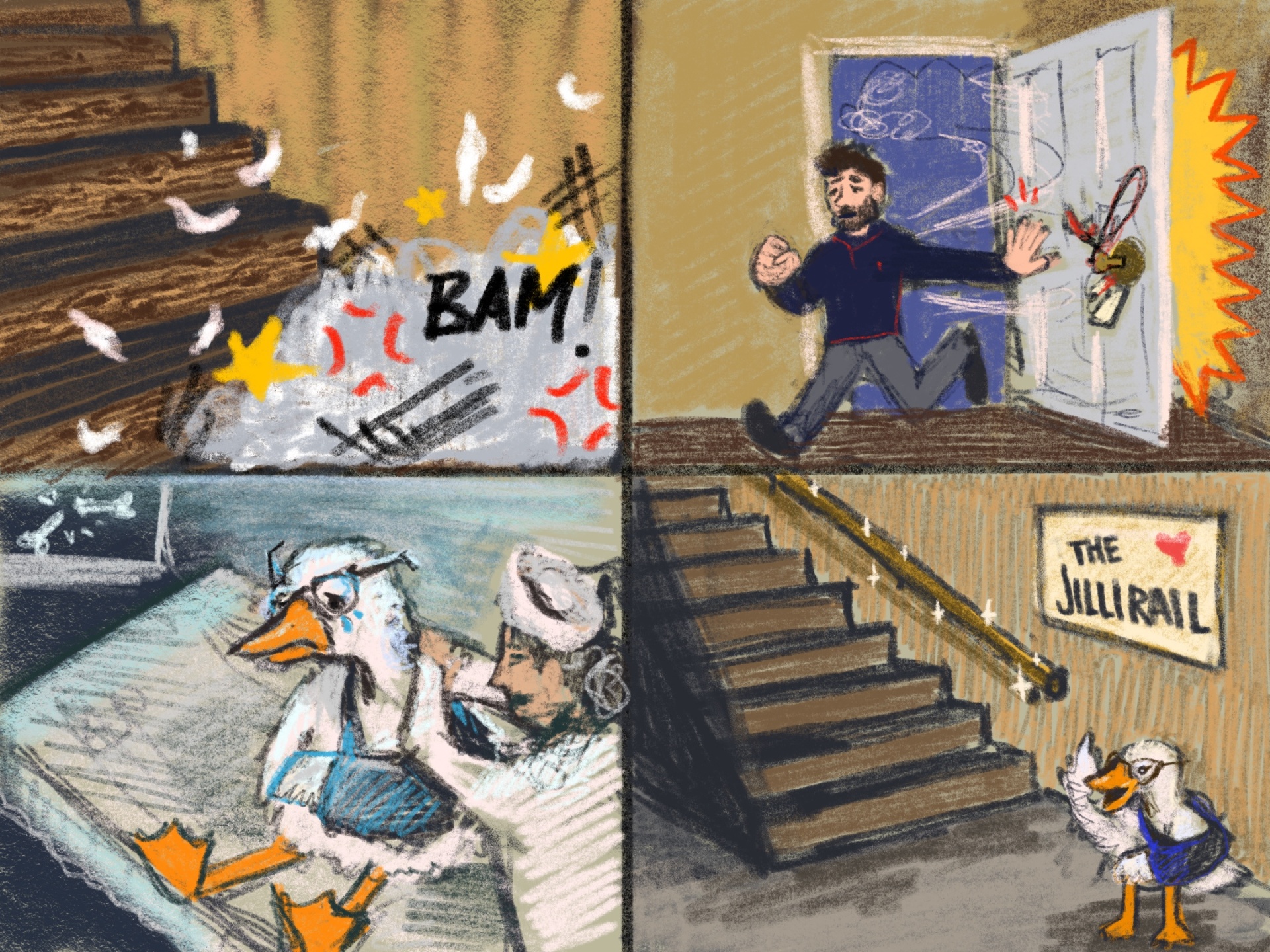Four panels: the goose tumbling down stairs, Isaac bursting through the door, the goose at the hospital, and the JilliRail