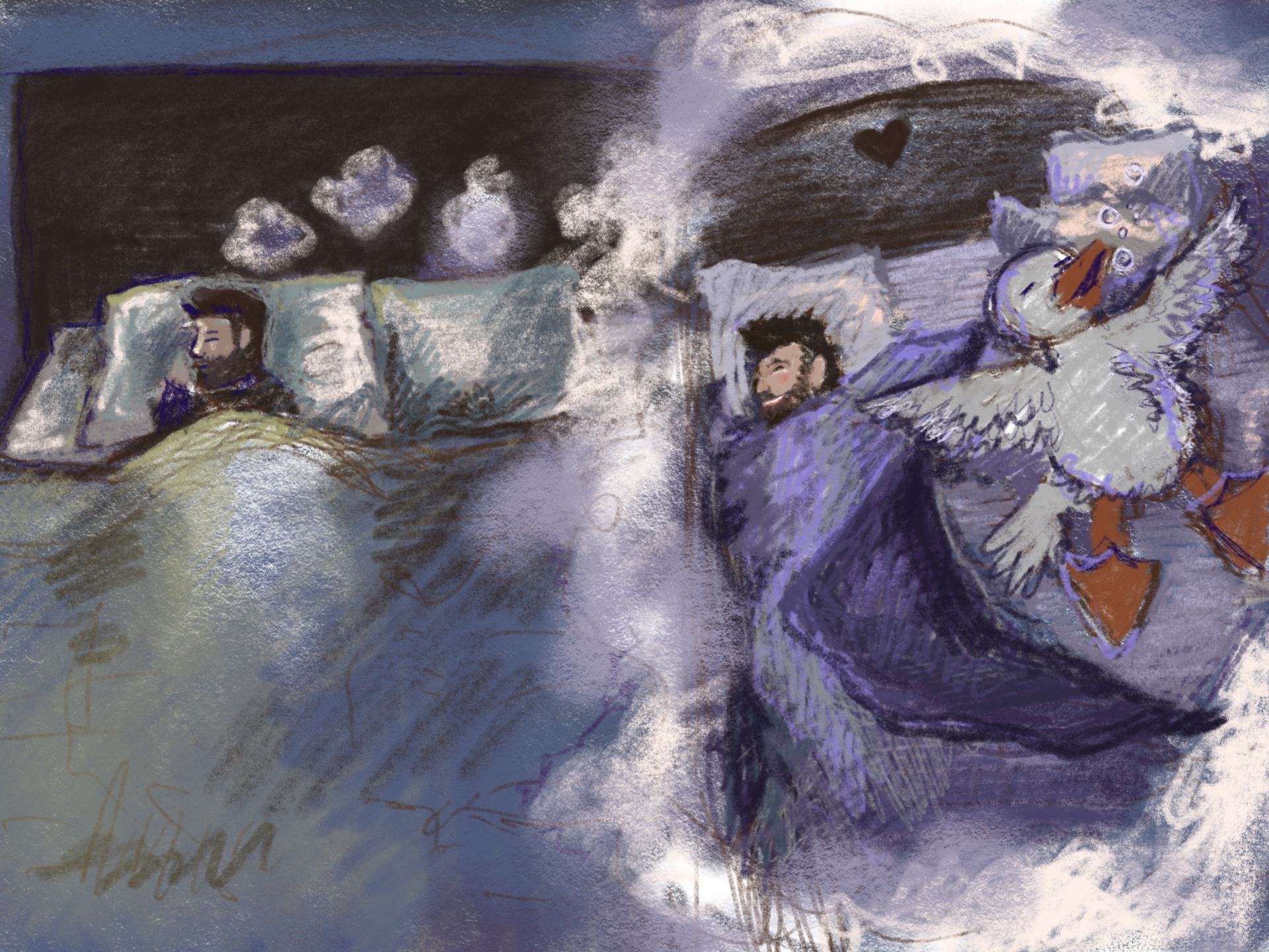 Split image: Isaac alone in a huge hotel bed, and the goose sprawled diagonally across their bed at home