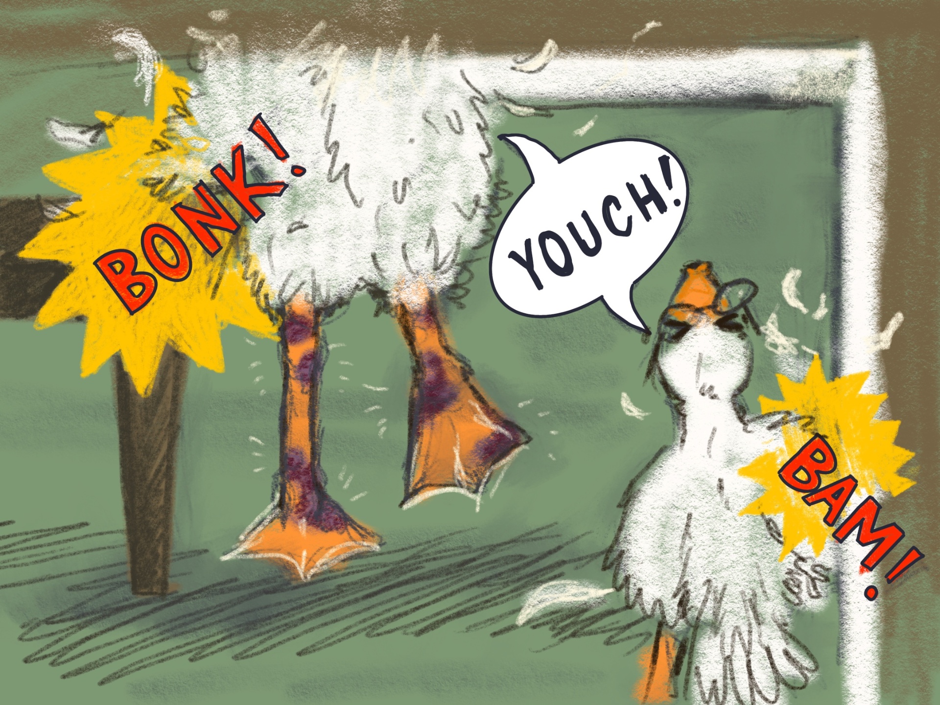 The goose walking into a coffee table — BONK! YOUCH! — with bruised legs and clipping a doorframe — BAM!